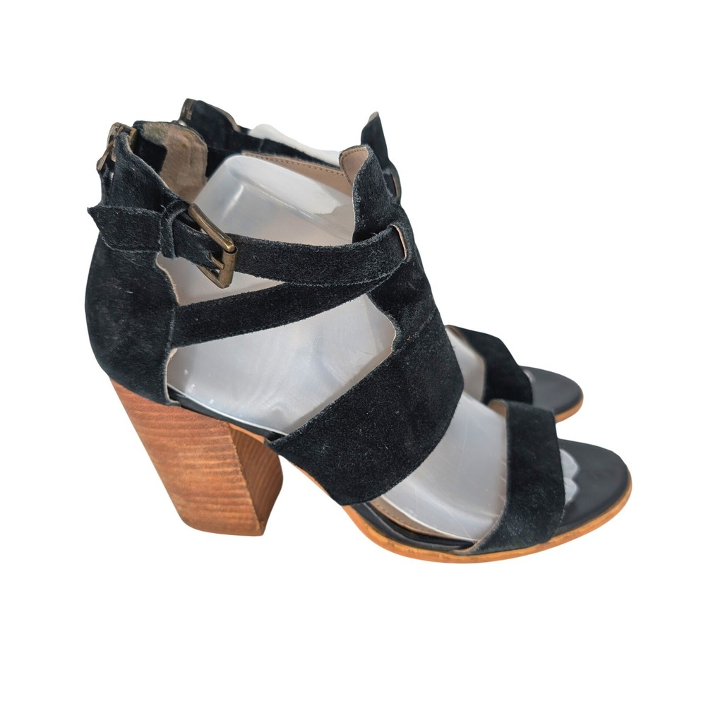 Hinge Cora Block Heel Sandals Womens 9.5M Black Suede Strappy Gladiator Back Zip